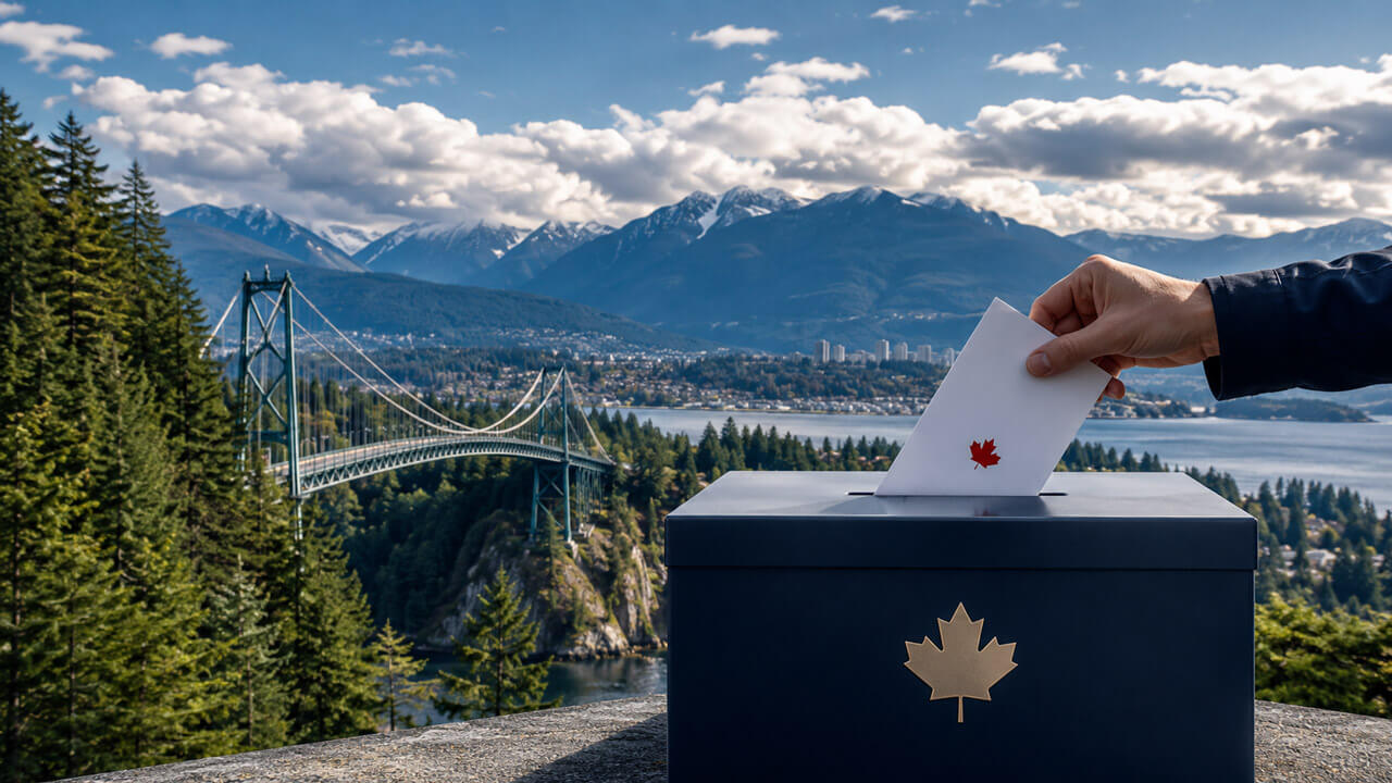 Voter placing a Canadian ballot into a box overlooking the Lions Gate Bridge, North Vancouver, and the Coast Mountains.