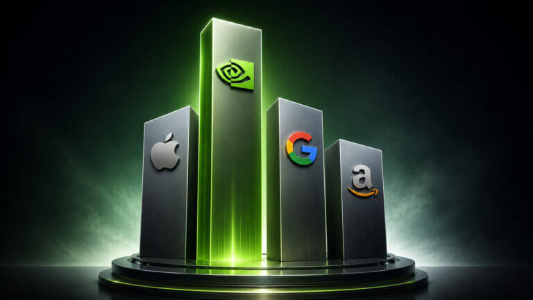 NVIDIA tower standing tallest above Apple, Google, and Amazon on a futuristic technology ranking podium.