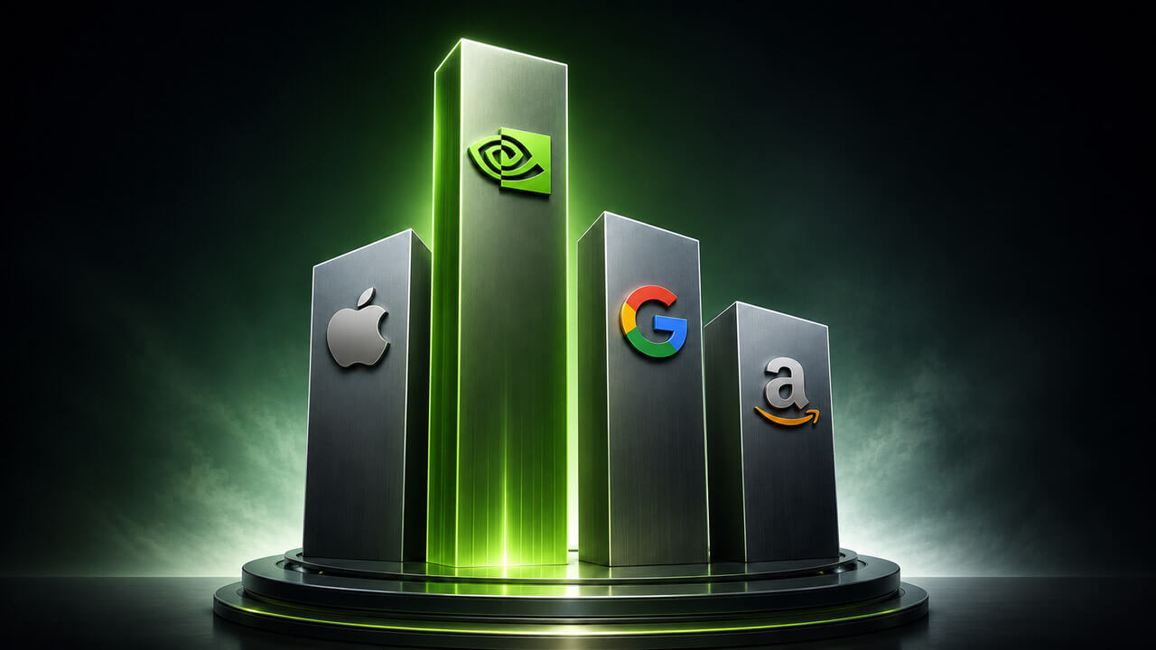 NVIDIA tower standing tallest above Apple, Google, and Amazon on a futuristic technology ranking podium.