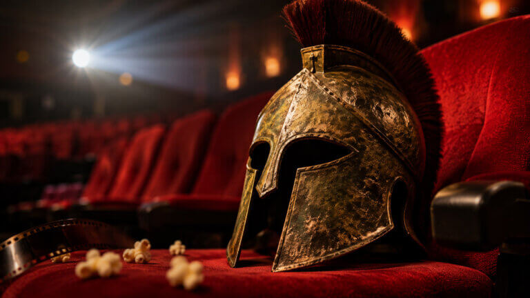 Worn bronze Greek warrior helmet resting on a red cinema seat with popcorn and a bright projector beam in the background.