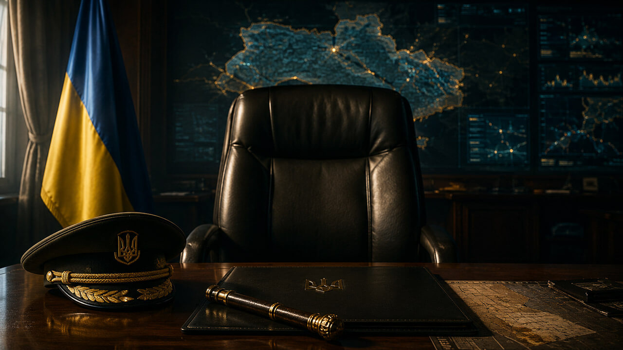 Empty Ukrainian military command chair behind a desk with a general’s cap, command baton, national flag, and illuminated operations map.