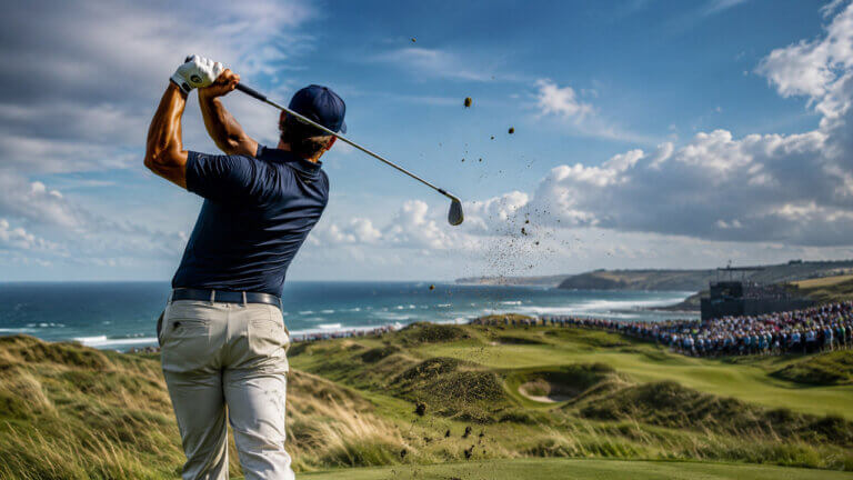 Golfer completing a powerful iron shot on a windy coastal links course with spectators and the sea in the background.
