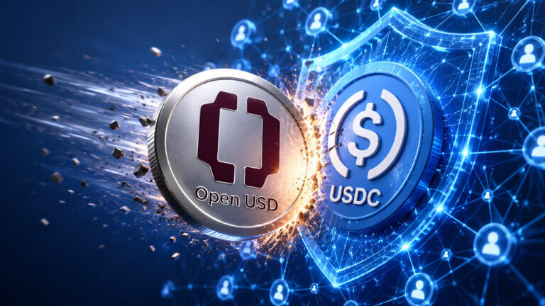 Illustration of OpenUSD and USDC shields facing each other, representing competition over stablecoin network effects.
