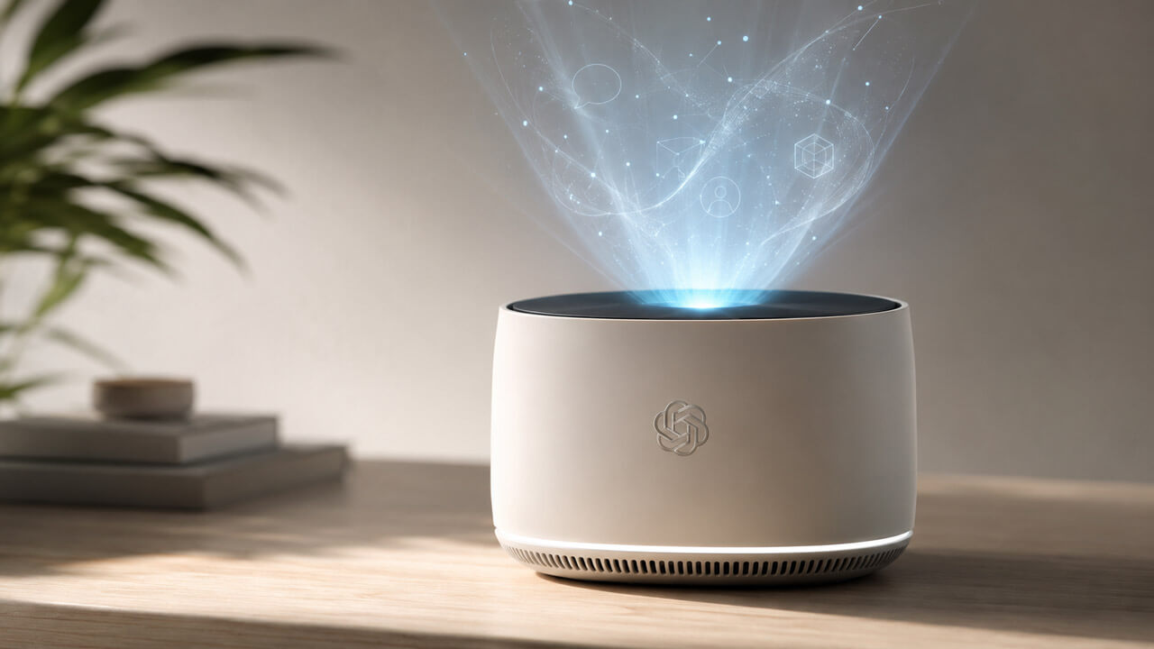 Minimal OpenAI-branded AI hub device projecting a holographic interface above a tabletop in a modern interior.