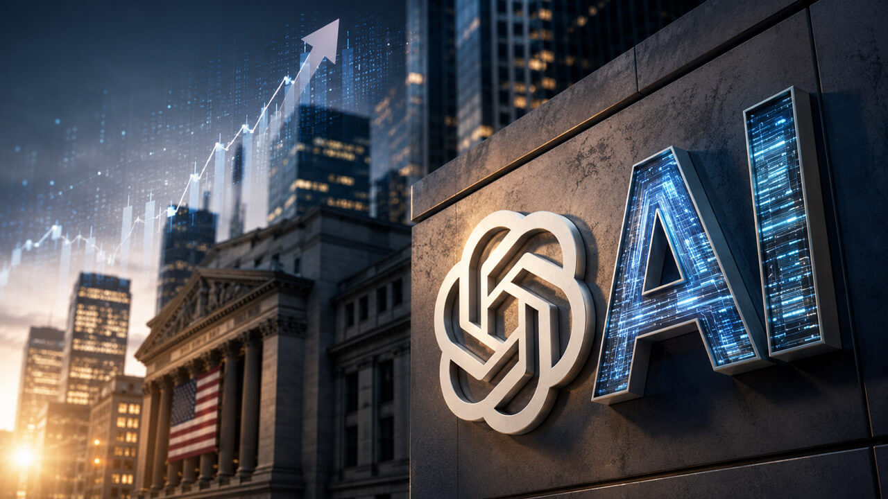 A cinematic OpenAI IPO concept places the logo beside a Wall Street-style exchange building and rising market chart at dawn.