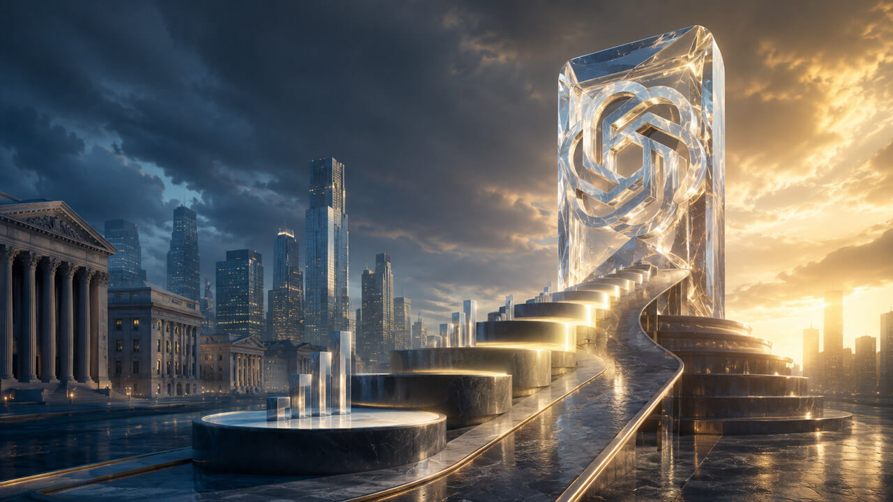 Metallic OpenAI logo displayed in front of rising financial bars and an upward market chart, representing valuation growth.