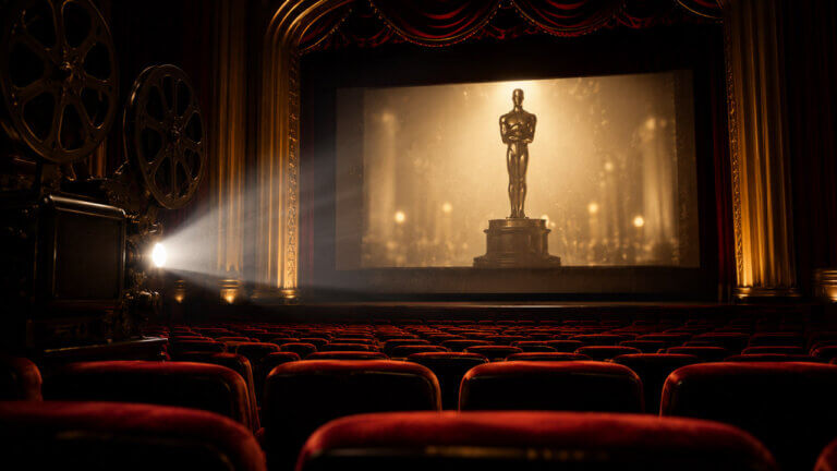 Vintage film projector casting a golden awards statuette silhouette onto a cinema screen inside an ornate theater with red seats.