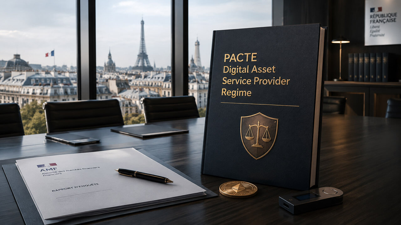 A law book titled PACTE Digital Asset Service Provider Regime displayed beside a cryptocurrency token in front of a French government building, representing France's former digital asset service provider regulatory framework.