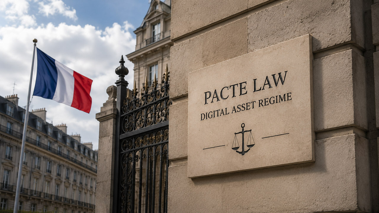 Stone plaque reading "PACTE Law Digital Asset Regime" mounted outside a French government building with the French flag, symbolizing France's legal framework for digital assets.