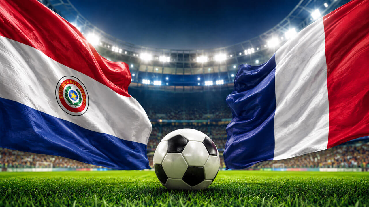 Paraguay and France flags facing each other above a soccer ball in a floodlit stadium, illustrating a World Cup prediction market match.