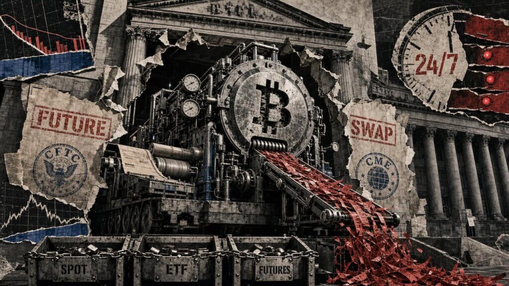 Industrial Bitcoin liquidation engine positioned outside a US financial building, symbolizing perpetual futures and leveraged crypto trading entering American markets.