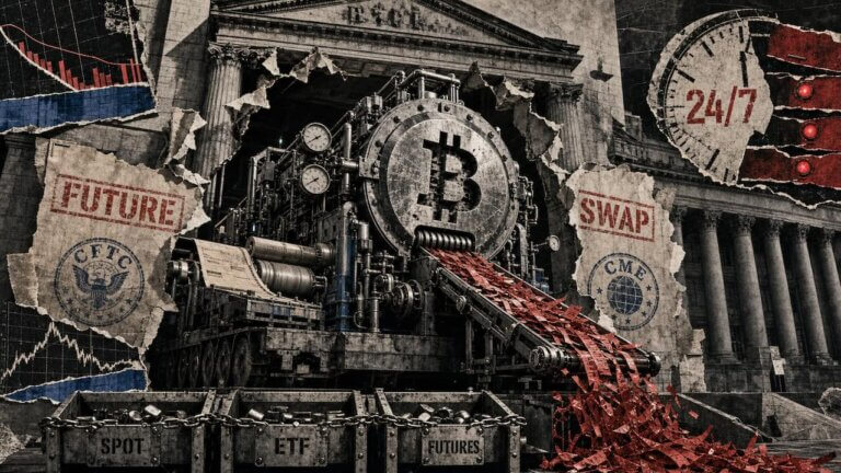 Industrial Bitcoin liquidation engine positioned outside a US financial building, symbolizing perpetual futures and leveraged crypto trading entering American markets.