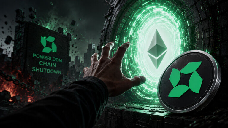 A hand reaches toward a glowing Ethereum portal as the Powerloom chain collapses, with a POWER coin displaying the updated green Powerloom logo.