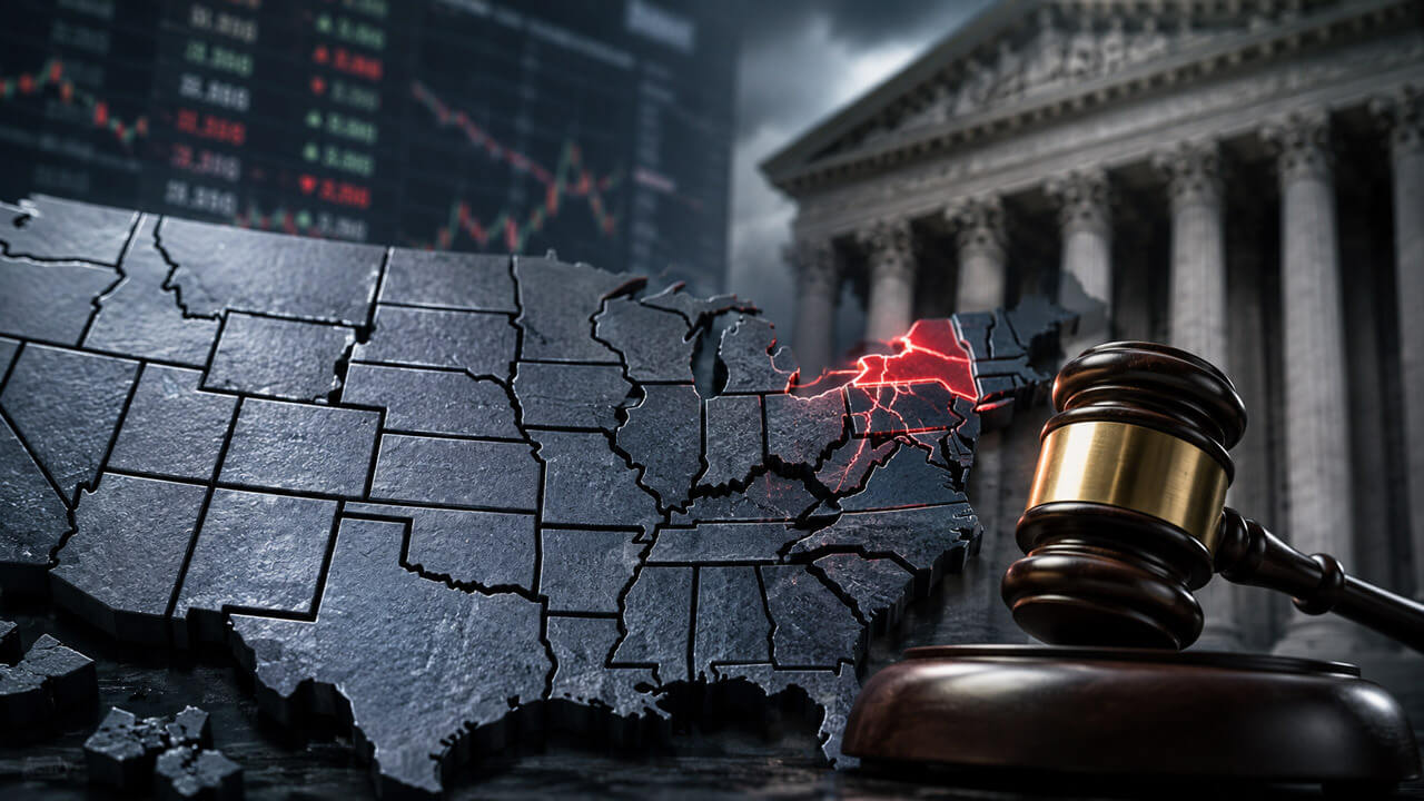 Judge’s gavel beside a fragmented U.S. map with New York glowing red, symbolizing state-level restrictions on prediction market access after Kalshi’s court loss.