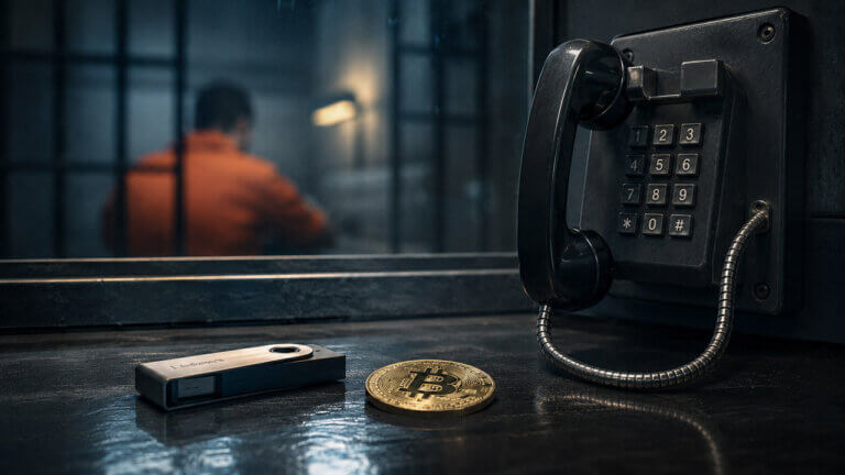 Intact wall-mounted prison visitation phone beside a hardware wallet and Bitcoin coin, with an inmate blurred behind the glass partition.