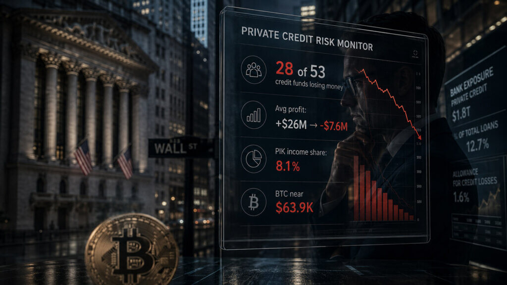 Private credit risk dashboard shows 28 of 53 funds losing money, falling average profits, rising PIK income, and Bitcoin near $63,900.