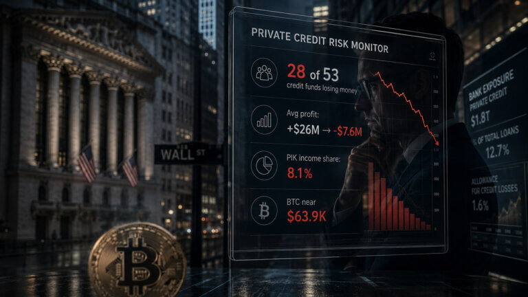 Private credit risk dashboard shows 28 of 53 funds losing money, falling average profits, rising PIK income, and Bitcoin near $63,900.