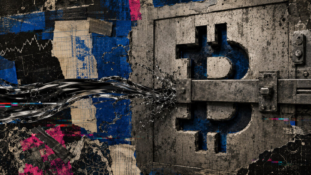 Editorial photomontage of a black liquidity stream crashing into a heavy steel barrier across a Bitcoin-shaped vault opening, symbolizing capital that failed to reach Rectitude’s planned Bitcoin treasury.