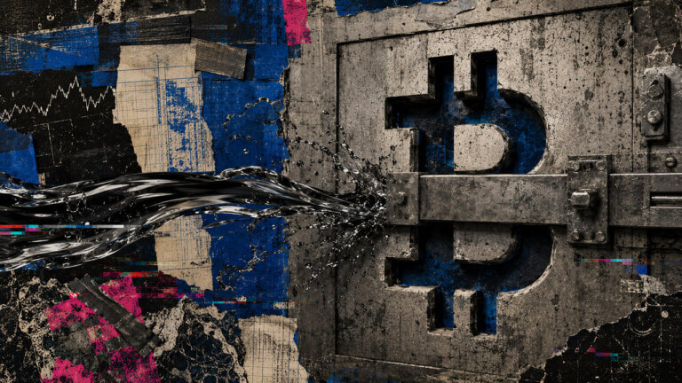 Editorial photomontage of a black liquidity stream crashing into a heavy steel barrier across a Bitcoin-shaped vault opening, symbolizing capital that failed to reach Rectitude’s planned Bitcoin treasury.