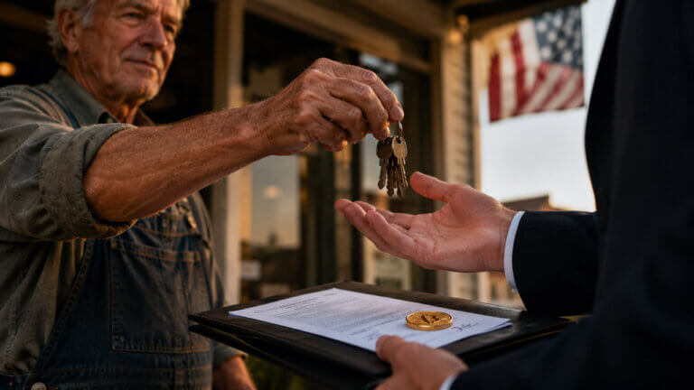 Retiring American business owner hands company keys to a suited buyer holding a signed acquisition document and Bitcoin coin.