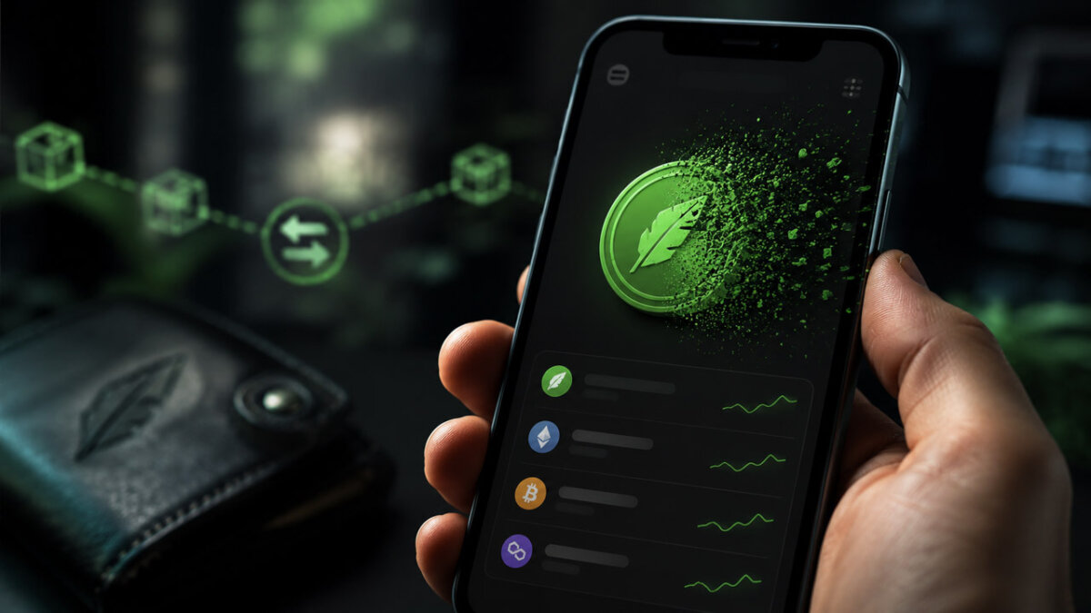 A smartphone crypto wallet screen shows a green token dissolving into particles after purchase, illustrating Robinhood Chain buyers losing funds to scam tokens.