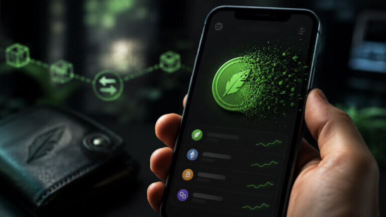 A smartphone crypto wallet screen shows a green token dissolving into particles after purchase, illustrating Robinhood Chain buyers losing funds to scam tokens.