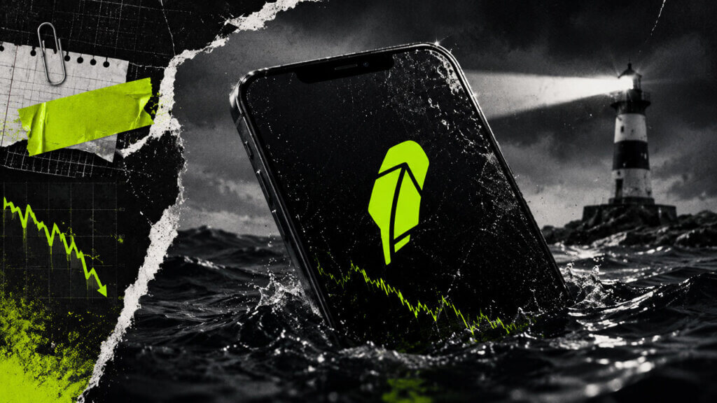 Robinhood phone sinks in stormy seas beside a lighthouse, with a falling market chart and acid-green editorial collage accents.