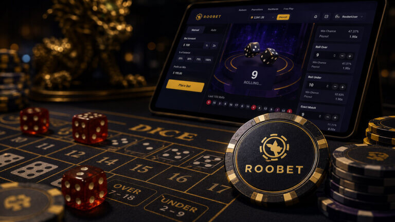 Close-up cinematic casino scene featuring a Roobet branded chip on a dice game table with red dice, stacked chips, and a tablet displaying a Roobet-style dice betting interface.
