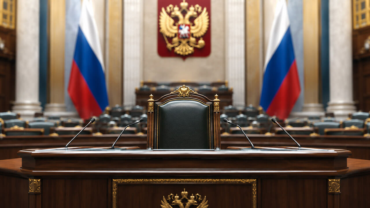 Empty presiding chair and microphones inside a Russian parliamentary chamber with national flags and emblem in the background.
