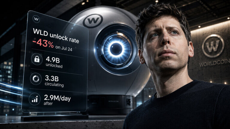 Sam Altman stands beside a Worldcoin orb and a glass dashboard showing WLD unlock rate down 43%, 4.9B unlocked, 3.3B circulating, and 2.9M WLD per day after July 24.