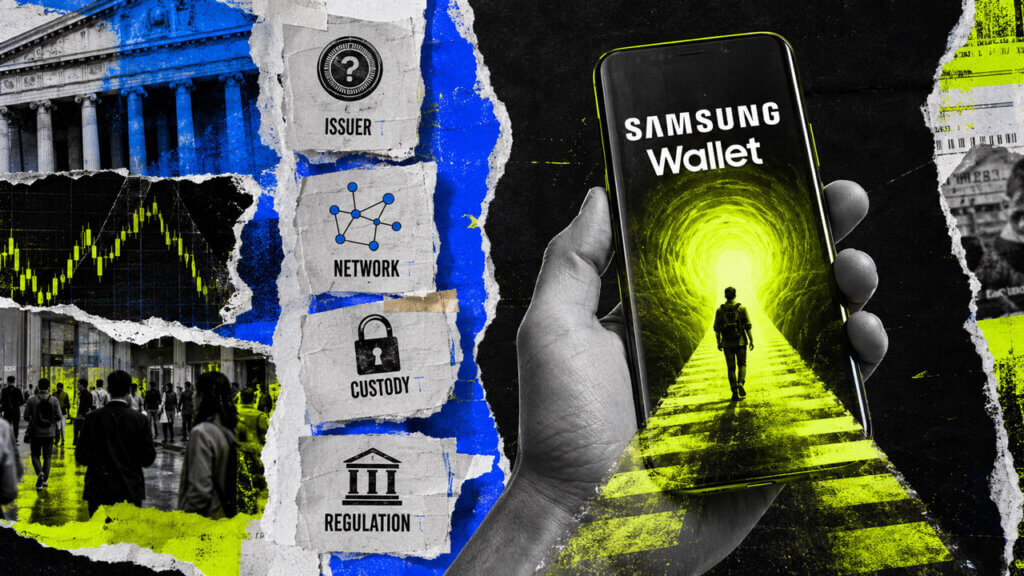 A hand holds a Samsung Wallet phone containing a glowing pathway, with torn-paper evidence labels for issuer, network, custody, and regulation beside market and city imagery.
