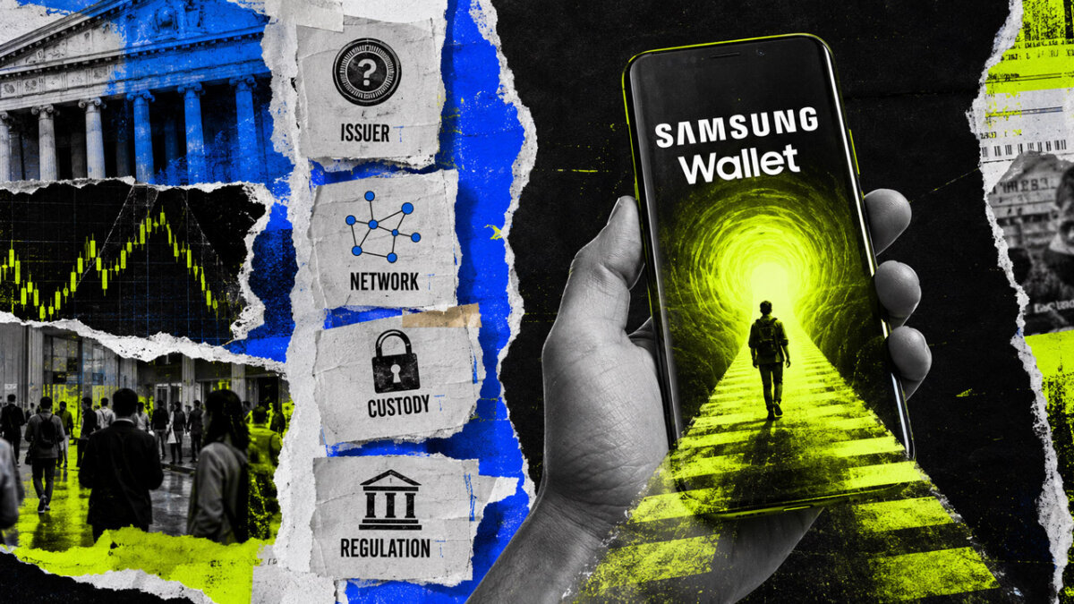 A hand holds a Samsung Wallet phone containing a glowing pathway, with torn-paper evidence labels for issuer, network, custody, and regulation beside market and city imagery.