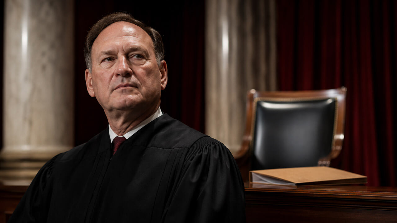 Dramatic portrait of Samuel Alito in judicial robes beside an empty Supreme Court-style chair and sealed document.