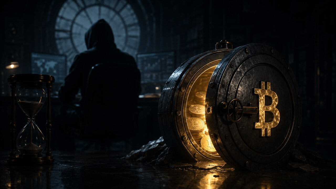 Shadowed anonymous figure watching a partially opened Bitcoin vault beside an hourglass in a dark monitoring room.