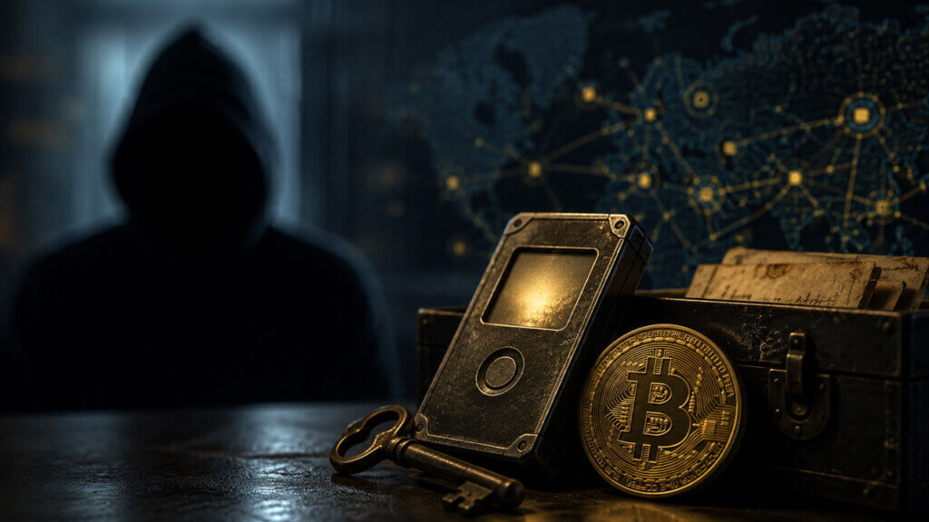 Hooded figure behind a hardware wallet, old key, evidence box, and Bitcoin coin, representing the anonymous ownership dispute over dormant Satoshi-era Bitcoin.