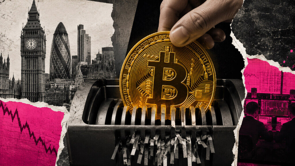Editorial collage showing a realistic hand lowering a large gold Bitcoin into an industrial paper shredder, with torn London landmarks, magenta trading-room imagery, and a declining market chart in the background.