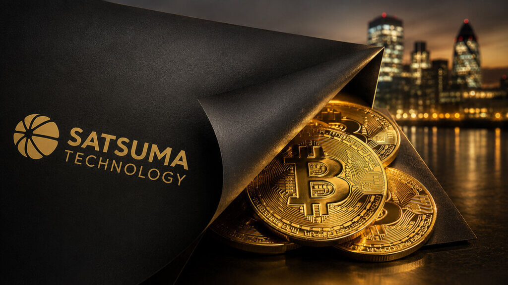 Satsuma Technology’s black corporate wrapper peeled open to reveal gold Bitcoin coins against the London financial district.