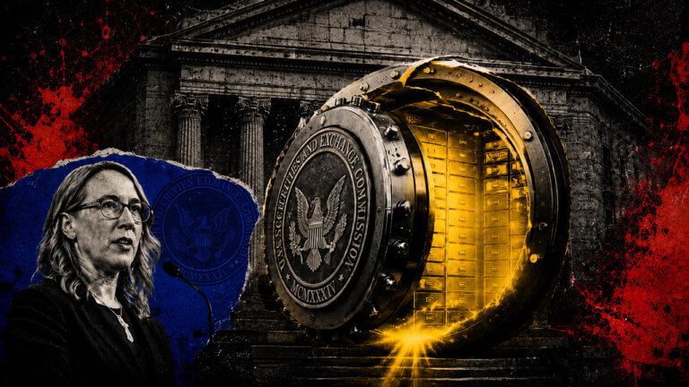 Editorial collage of an SEC official beside a massive SEC vault glowing gold, with text stating $131 billion in crypto vaults in April 2026.