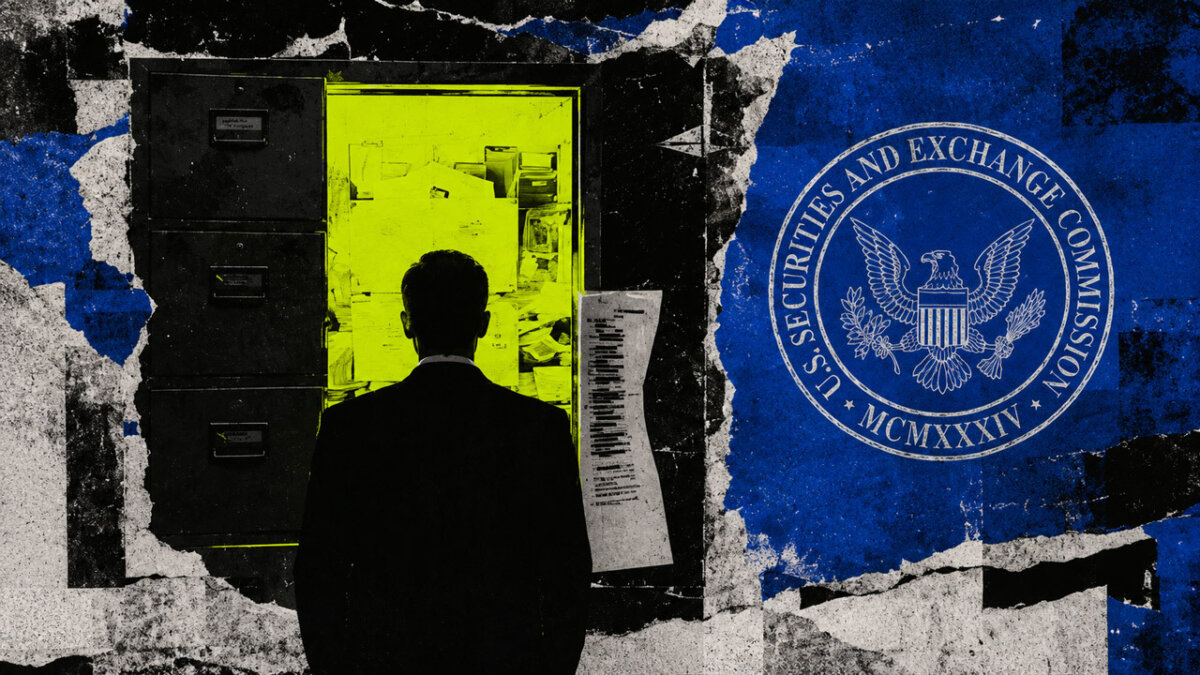 Gritty editorial collage showing a silhouetted man facing an illuminated filing cabinet filled with records, beside a large U.S. Securities and Exchange Commission seal on a distressed blue background.