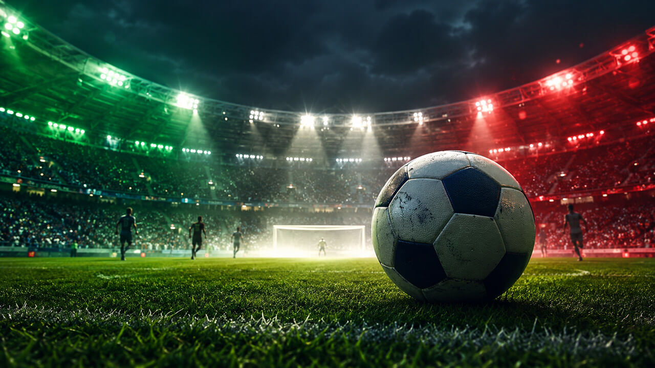Football resting on the pitch inside a dramatic stadium illuminated in the colors of the Italian flag.