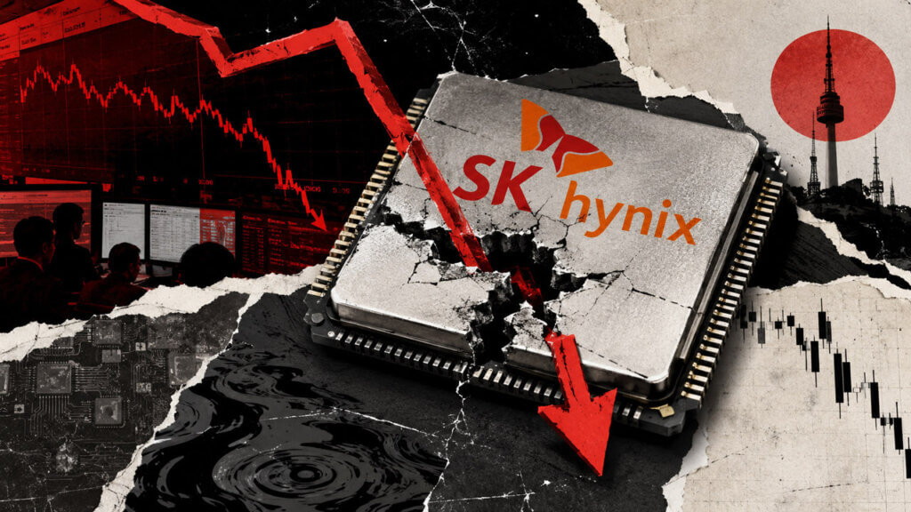 Mixed-media editorial collage showing a cracked SK Hynix semiconductor chip pierced by a plunging red market arrow, with distressed trading charts, market screens, and Seoul’s skyline in the background.