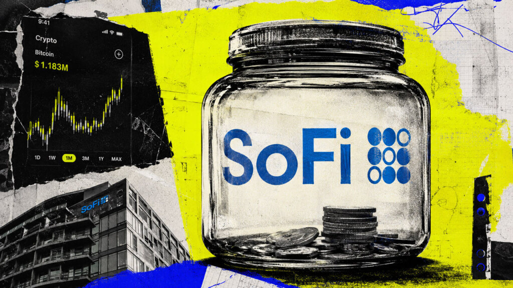 Mixed-media financial collage showing a SoFi-branded glass jar with a small stack of coins, alongside a crypto chart displaying $1.183 million and a SoFi building.