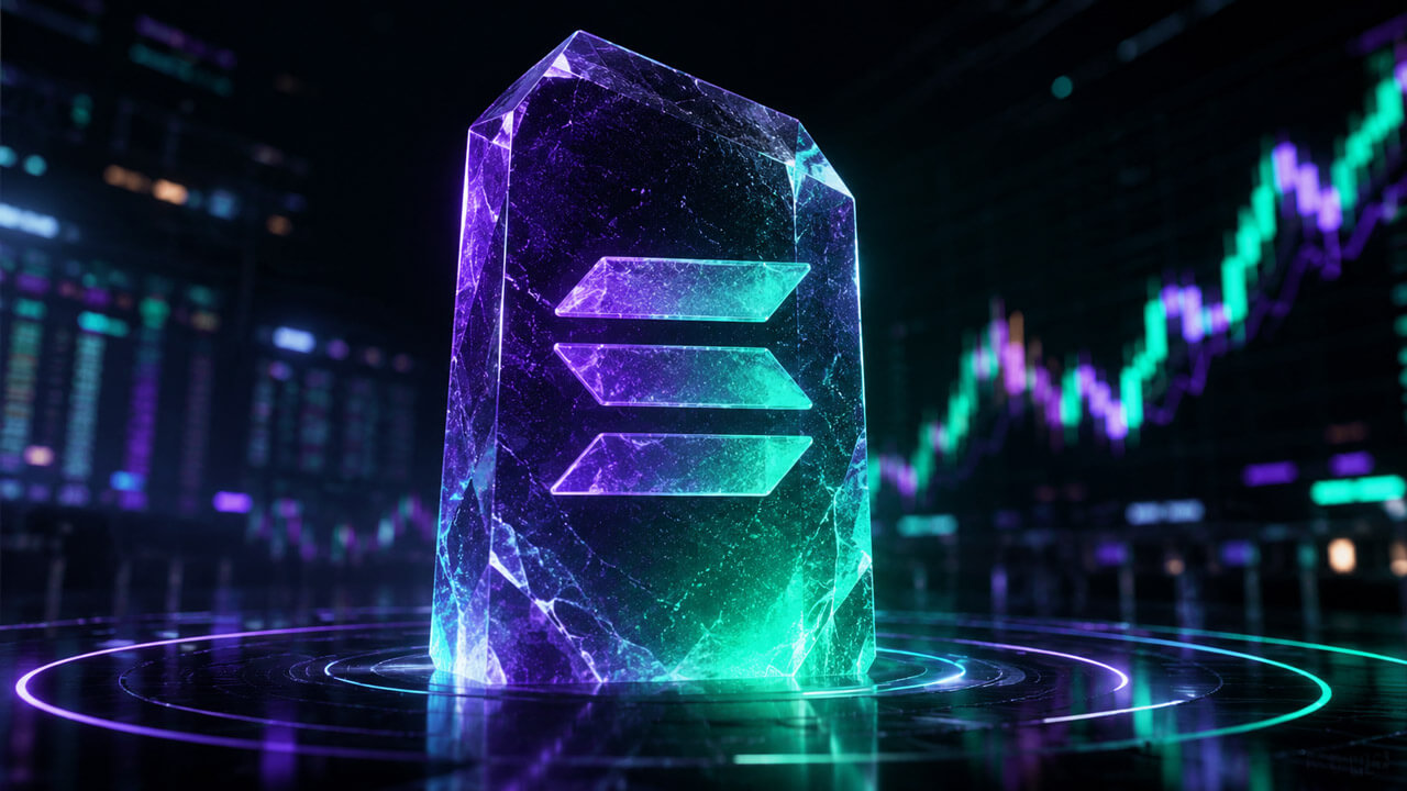 Crystalline Solana monument on a glowing platform with an upward-moving crypto market chart in the background.