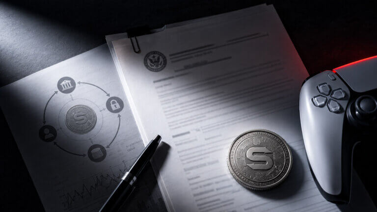 Game controller, metallic stablecoin token and official filing documents arranged under dramatic lighting with a closed-loop payment network diagram.