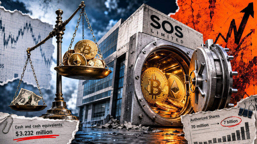 Crumpled cash falls through an hourglass toward Bitcoin and Ethereum beside an empty vault and declining financial chart.
