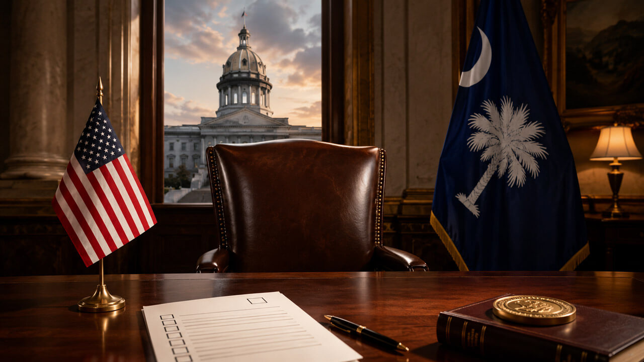 Empty leather chair behind a formal desk with ballot papers, United States and South Carolina flags, and the State House visible through the window.