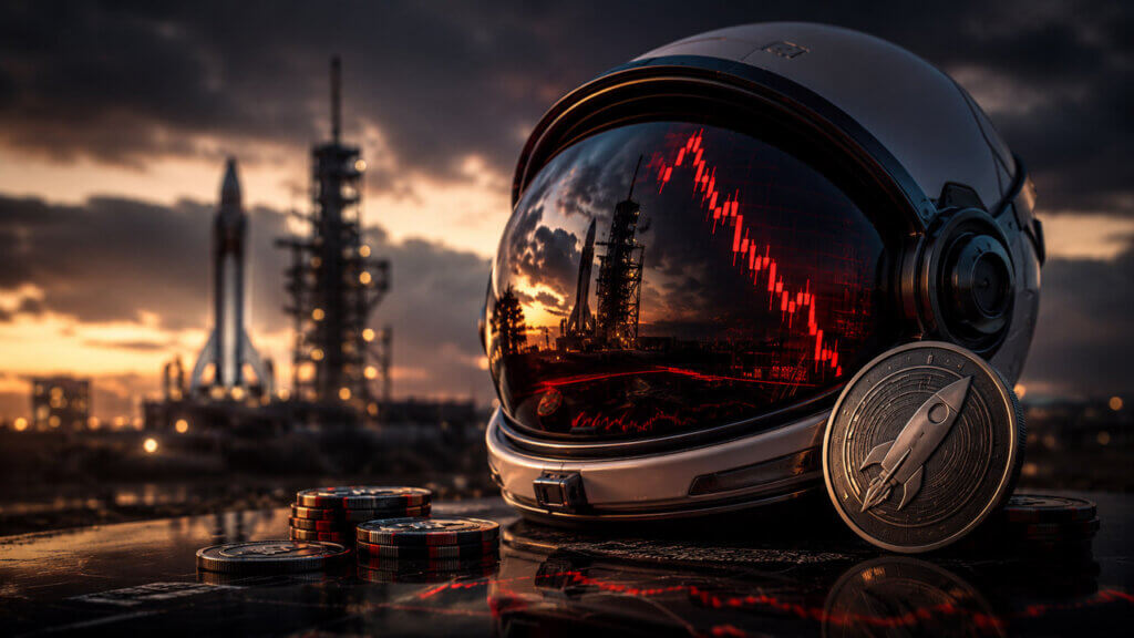 Astronaut helmet reflecting a steep red downward chart beside rocket-themed coins, with a rocket and launch structure at sunset, symbolizing SpaceX share weakness and leveraged crypto traders holding positions.