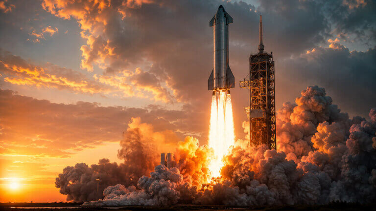 Starship-style rocket lifting off from the launchpad with powerful engine flames and massive smoke clouds at sunrise.