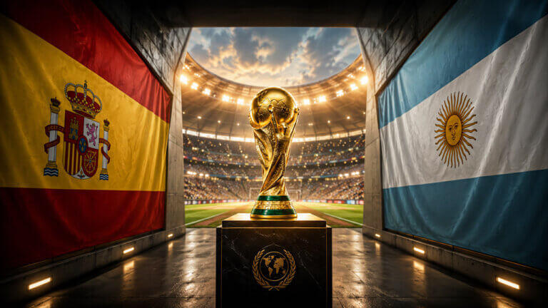Gold World Cup-style trophy displayed in an illuminated stadium tunnel between the flags of Spain and Argentina.