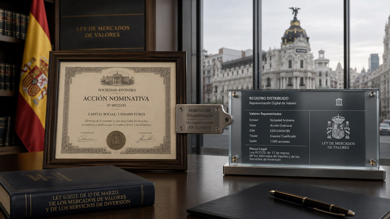 Traditional Spanish share certificate displayed beside a distributed ledger registry module in a financial office, illustrating the legal treatment of tokenized securities under Spain's Securities Markets Act.